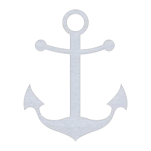 An 18-inch aluminum anchor cutout with a metallic finish against a solid black background. The design features a classic anchor shape with a prominent ring at the top and pointed flukes at the bottom. Symmetrical lines and rounded arms create an elegant nautical silhouette.